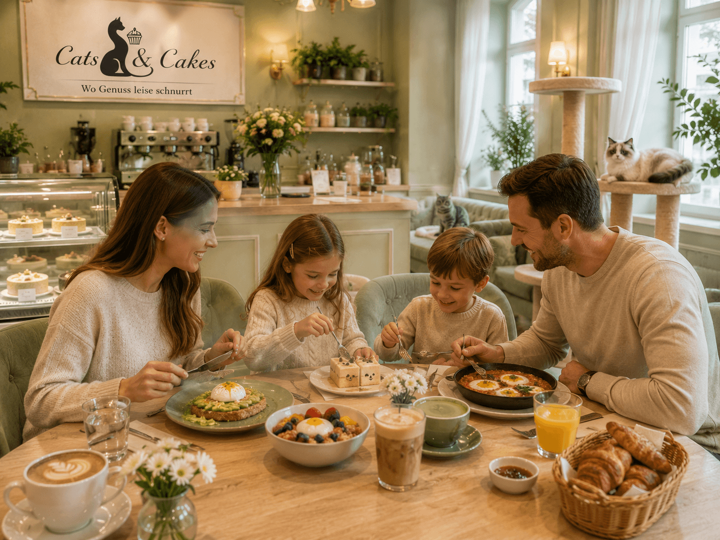 Familie in ruhiger Cats & Cakes Atmosphäre