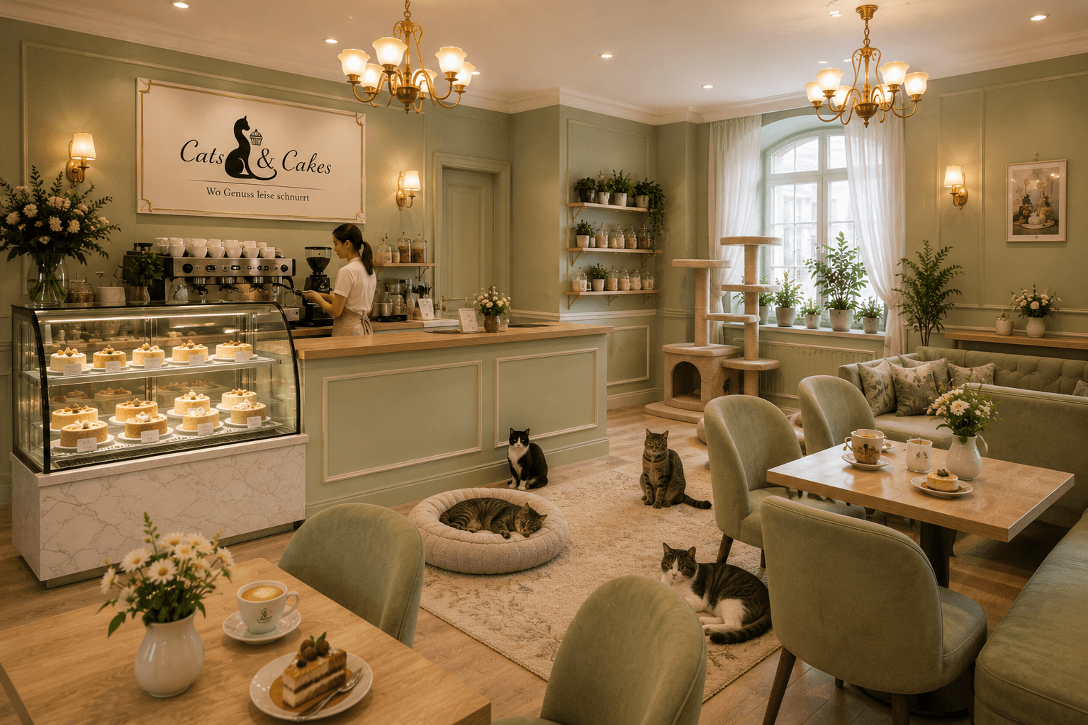 Cats & Cakes Innenraum mit Café-Atmosphäre und Katzen