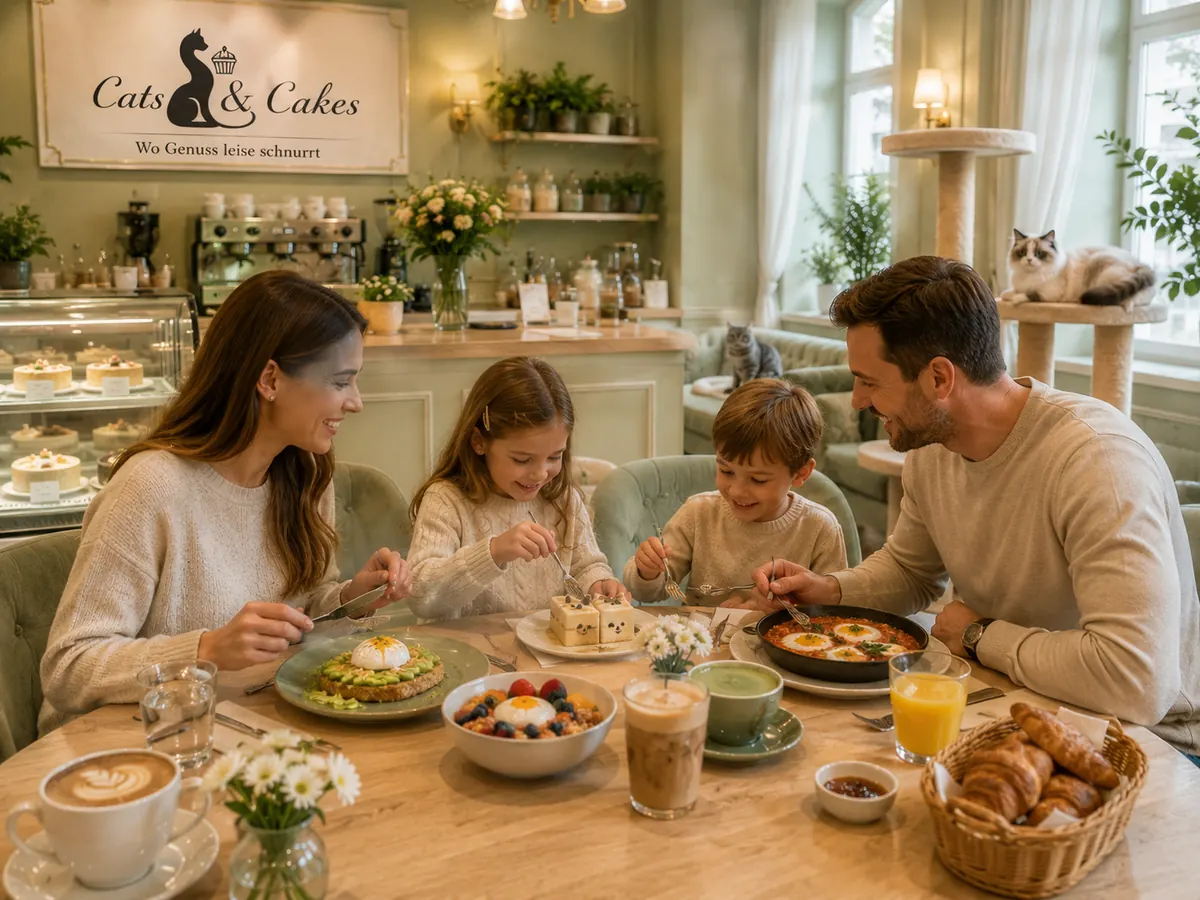 Familie in ruhiger Cats & Cakes Atmosphäre