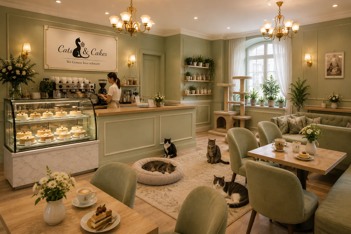 Cats & Cakes Innenraum mit Café-Atmosphäre und Katzen